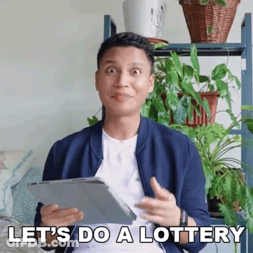 A Man Holding A Tablet With The Words Let 'S Do A Lottery Below Him GIF
