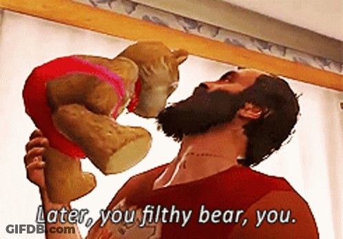 A Man Holding A Teddy Bear With The Words " Later You Filthy Bear You " GIF