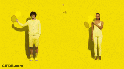 A Man Holding A Tennis Racquet And A Woman Holding A Tennis Racket On A Yellow Background GIF