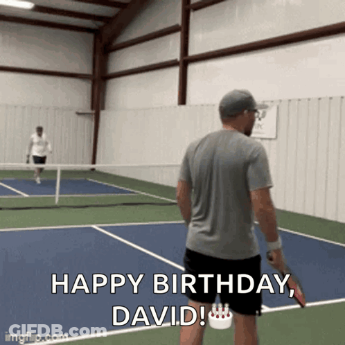 A Man Holding A Tennis Racquet On A Tennis Court Says " Happy Birthday David " GIF