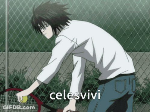 A Man Holding A Tennis Racquet With Celesvivi Written In The Corner GIF