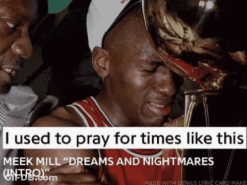 A Man Holding A Trophy With The Words " I Used To Pray For Times Like This " GIF