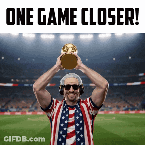 A Man Holding A Trophy With The Words One Game Closer Written Above Him GIF