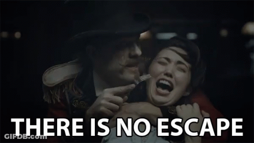 A Man Holding A Woman With A Fork And The Words " There Is No Escape " Behind Him GIF