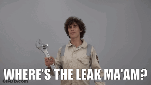 A Man Holding A Wrench With The Words " Where 'S The Leak Ma 'Am " Above Him GIF