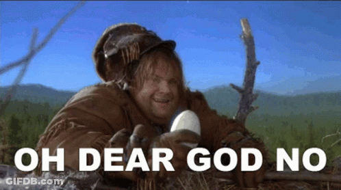 A Man Holding An Egg With The Words Oh Dear God No Written Below Him GIF