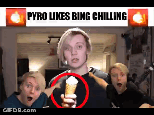 A Man Holding An Ice Cream Cone With The Words " Pyro Likes Bing Chilling " Above Him GIF