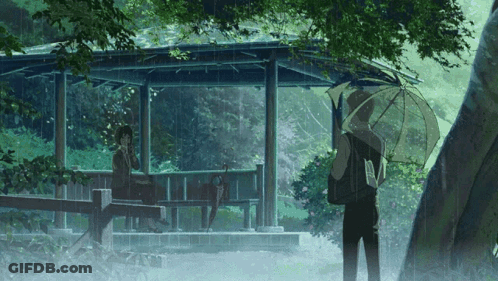 A Man Holding An Umbrella Stands In The Rain Next To A Girl Sitting On A Bench GIF