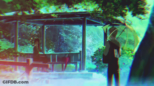A Man Holding An Umbrella Stands Next To A Woman Sitting On A Bench GIF