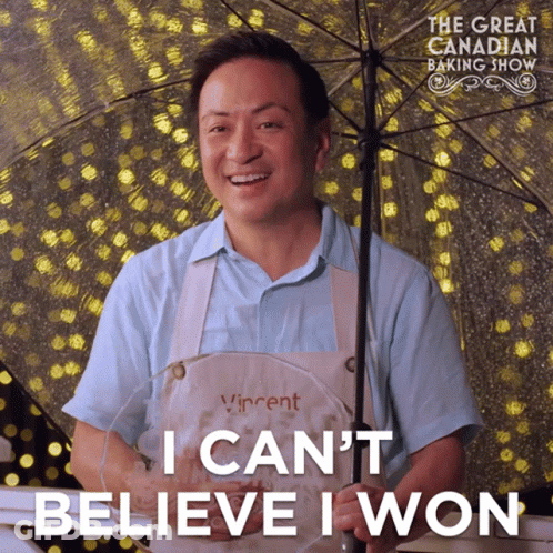 A Man Holding An Umbrella With The Words " I Can 'T Believe I Won " Above Him GIF
