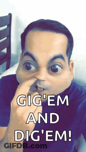 A Man Holding His Nose With The Words Gig ' Em And Dig ' Em Written Below Him GIF