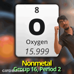 A Man Holds Up His Fist In Front Of A Sign That Says Oxygen 15.999 GIF