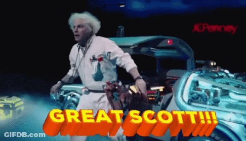 A Man In A Back To The Future Costume Says Great Scott On The Screen GIF