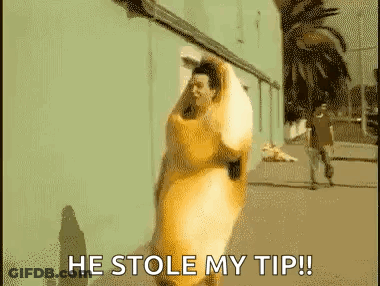 A Man In A Banana Costume With The Words He Stole My Tip Below Him GIF