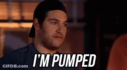 A Man In A Baseball Cap Is Saying `` I 'M Pumped '' While Standing Next To Another Man . GIF