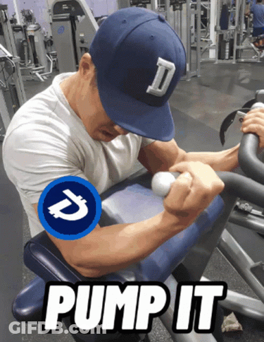 A Man In A Baseball Cap Is Using A Machine With The Words Pump It On The Bottom GIF