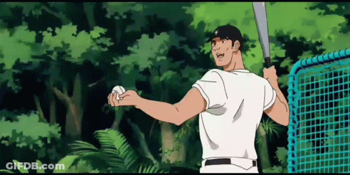 A Man In A Baseball Uniform Is Holding A Bat And Ball GIF