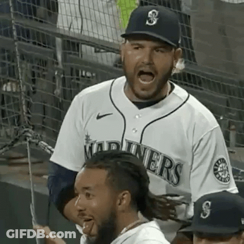 A Man In A Baseball Uniform Is Yelling At Another Man In A Stadium . GIF