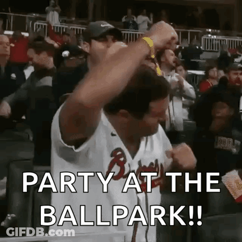 A Man In A Baseball Uniform Says Party At The Ballpark . GIF