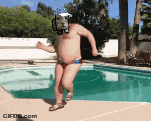 A Man In A Bathing Suit And Hat Is Running By A Swimming Pool GIF