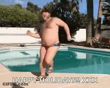 A Man In A Bathing Suit Is Jumping Into A Swimming Pool And Says Happy Holidays Xxx GIF