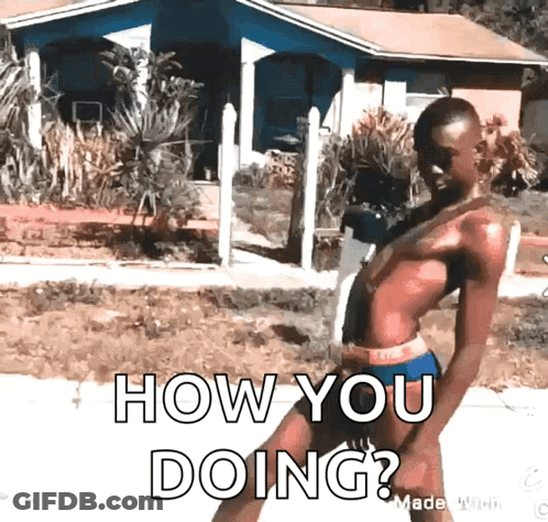 A Man In A Bathing Suit Is Standing In Front Of A House With The Words How You Doing Below Him GIF