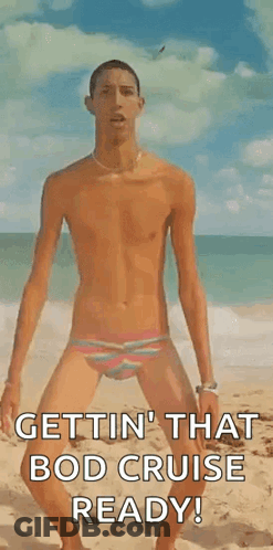 A Man In A Bathing Suit Is Standing On A Beach . GIF