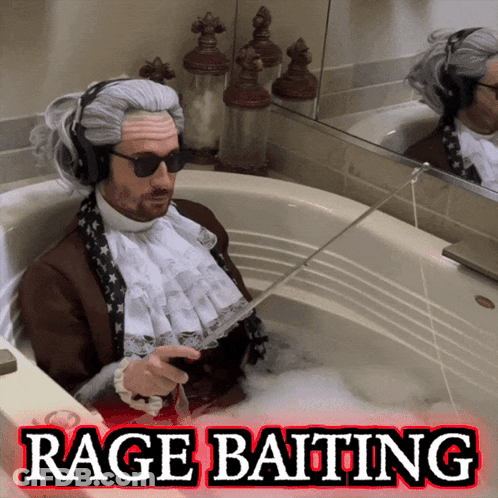 A Man In A Bathtub With The Words Rage Baiting Written On The Bottom GIF