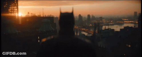 A Man In A Batman Costume Is Standing In Front Of A City Skyline At Sunset GIF