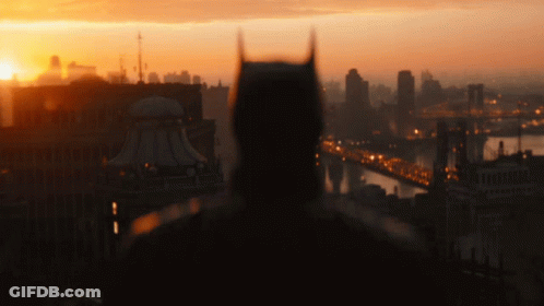 A Man In A Batman Costume Stands In Front Of A Sunset Over A City GIF
