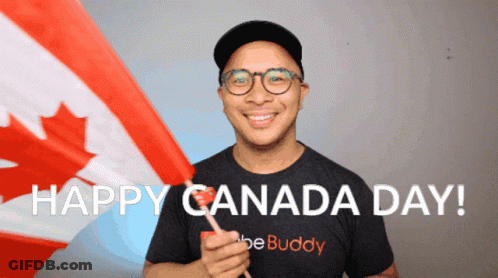 A Man In A Be Buddy Shirt Holds A Canadian Flag And Says Happy Canada Day GIF