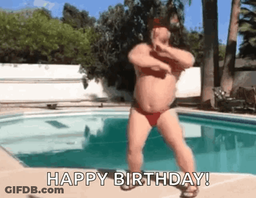 A Man In A Bikini Is Dancing In Front Of A Pool With The Words Happy Birthday Written Below Him GIF