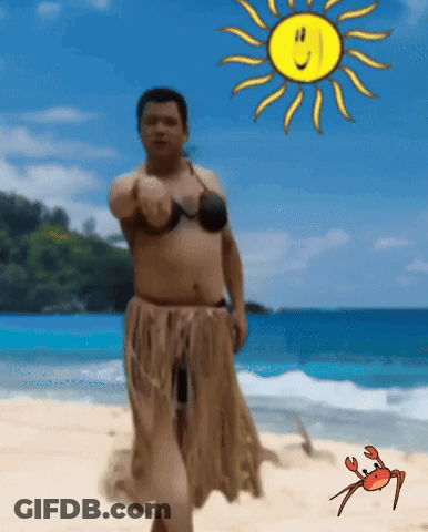 A Man In A Bikini Is Dancing On The Beach With A Crab And Sun In The Background GIF