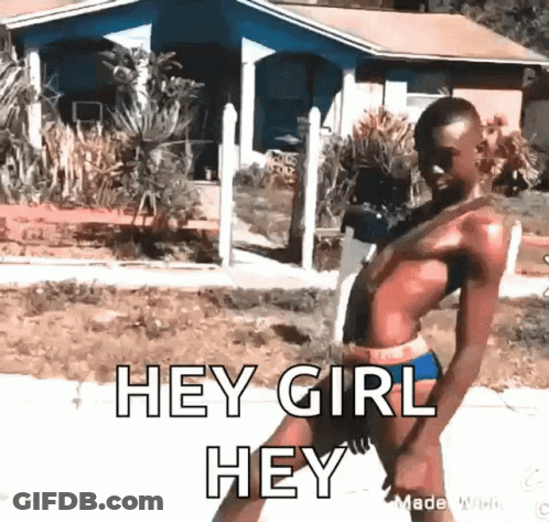 A Man In A Bikini Is Standing In Front Of A House And Says Hey Girl Hey GIF