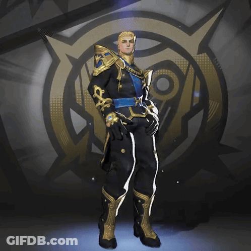 A Man In A Black And Gold Costume Is Standing In Front Of A Star GIF