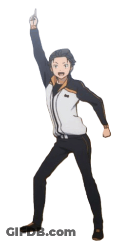 A Man In A Black And White Jacket Is Pointing Up With His Hand GIF