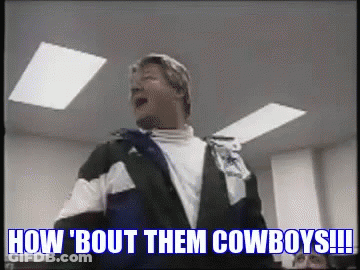A Man In A Black And White Jacket Says How Bout Them Cowboys !!! GIF
