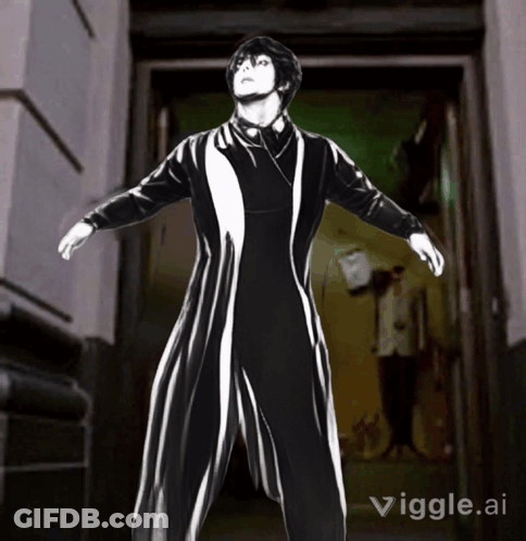A Man In A Black And White Striped Suit Is Standing In Front Of A Door With The Words Vigle.ai Written Below Him GIF