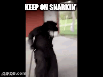 A Man In A Black Coat And Hat Is Walking With A Cane And A Caption That Says `` Keep On Snarkin '' . GIF