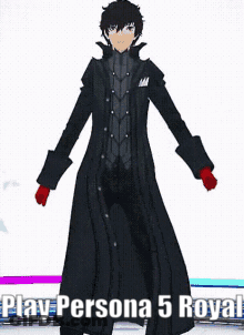 A Man In A Black Coat And Red Gloves Is Standing In Front Of The Words Play Persona 5 Royal GIF