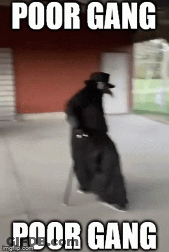 A Man In A Black Coat And Top Hat Is Walking Down A Sidewalk With The Caption Poor Gang Poor Gang GIF