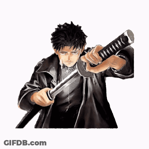 A Man In A Black Coat Holding A Sword GIF