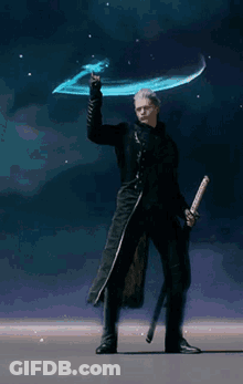 A Man In A Black Coat Is Holding A Sword And A Blue Object GIF