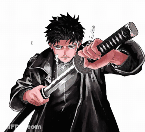 A Man In A Black Coat Is Holding A Sword In His Right Hand GIF