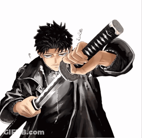 A Man In A Black Coat Is Holding A Sword With A Black Handle GIF