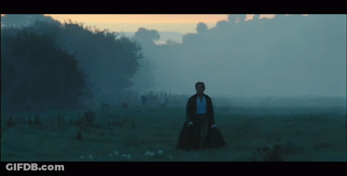 A Man In A Black Coat Stands In A Field With Trees In The Background GIF