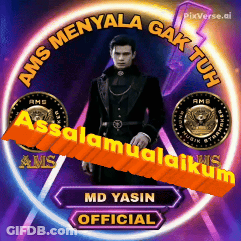 A Man In A Black Coat Stands In Front Of A Sign That Says Ams Menyala Gak Tuh GIF