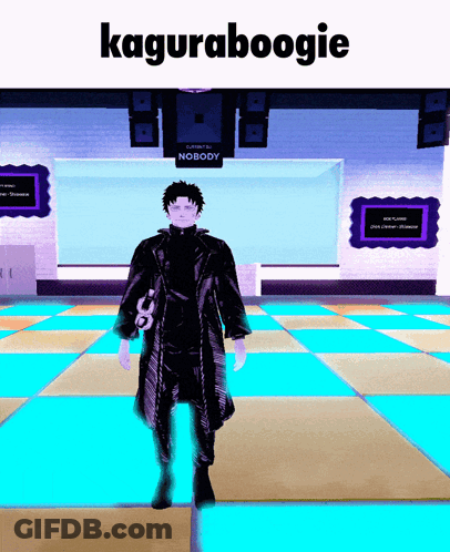 A Man In A Black Coat Stands In Front Of A Sign That Says Kaguraboogie GIF
