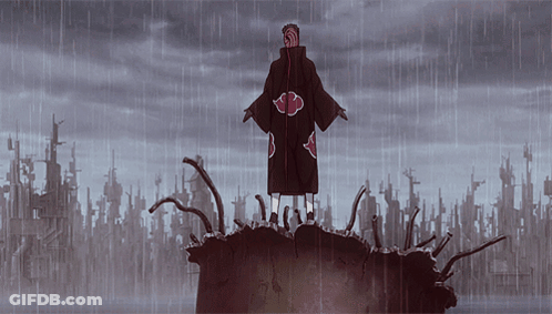 A Man In A Black Coat With Red Clouds On It GIF