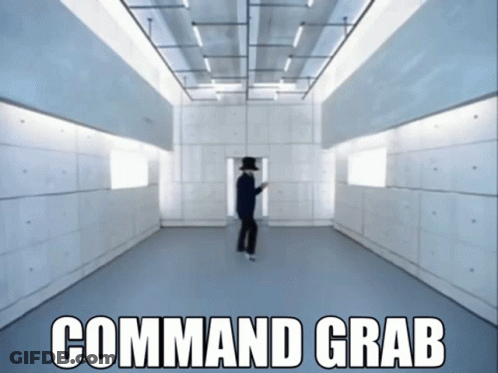 A Man In A Black Hat Is Dancing In A Room That Says Command Grab On The Bottom GIF